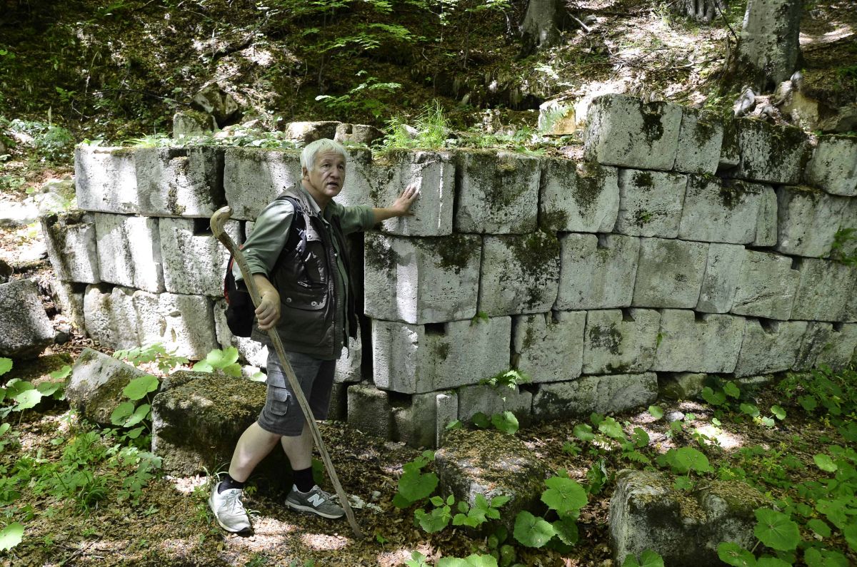 Vladimir Brilinsky, în vara lui 2013, explicând situaţia concretă a Turnului Pentagonal împins la vale de rădăcinile mai multor copaci din imediata-i apropiere