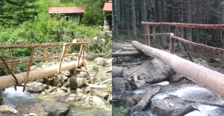 Salvamontiştii şi rangerii au reuşit să refacă, în regim de urgenţă, două podeţe, până acum: la Pietrele (foto stânga) şi la Stânişoara