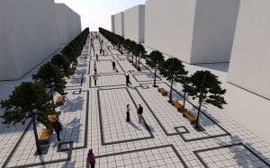 Modelul de pavaj pe care Primăria l-ar dori pe viitoarea pietonală (copacii vor fi amplasaţi pe câte 2 rânduri pe sens, planşa de mai sus fiind una ceva mai veche)